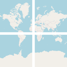 An outline of the world map, split into four squares. There are faint lines between countries, but still no text labels.