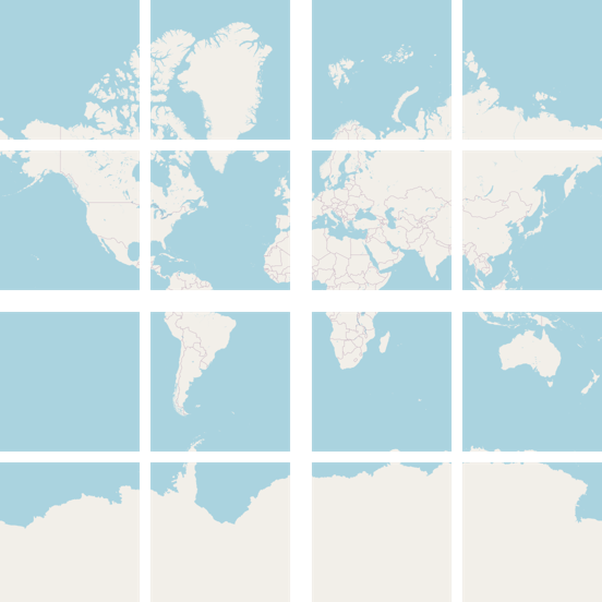 An outline of the world map, split into sixteen squares. There are faint lines between countries, but still no text labels.