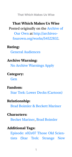 Screenshot of an e-reader, showing a series of headings and links for key metadata (rating, category, characters, and so on.)