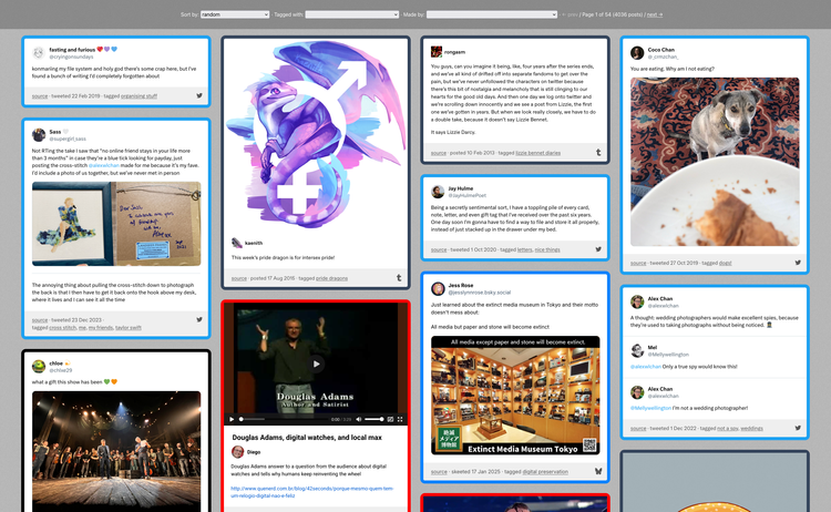 Four-columns of cards laid out, each with a coloured border and a snippet from a social media site. The screenshot includes tweets, photos, a some videos, and some art.