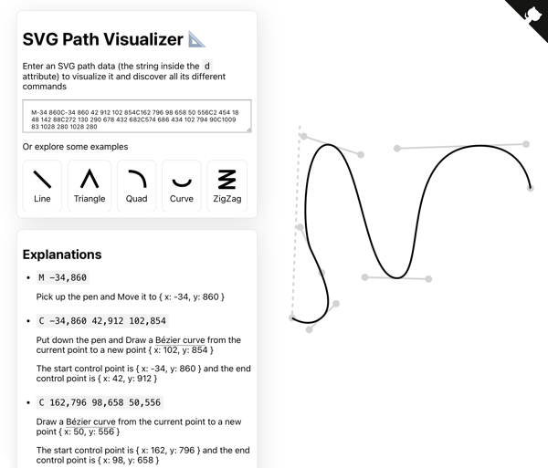 Screenshot of the path visualizer, with a breakdown of how the path works and an annotated swoop that matches the purple swoop.