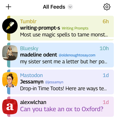 Tapestry screenshot. This is the All Feeds view, where you can see a post from Tumblr, Bluesky, Mastodon, and my blog, all in the same timeline.