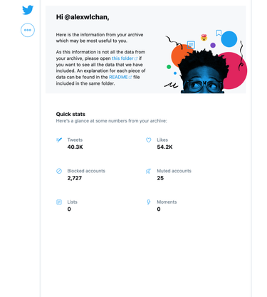 Homepage of the Twitter archive. It says ‘Hi @alexwlchan. Here is the information from your archive which may be most useful to you.’ Below that are summary metrics – 40.3K tweets, 54.2K likes, 2,727 blocked accounts, and so on – which link to a page where I can see the tweets/likes/blocked accounts.