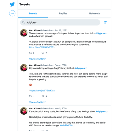 Search results in the Twitter archive. I’ve searched for the hashtag #digipres and it’s showing me three of my tweets, which more beyond the end of the page. I can also filter by replies or retweets, and there are controls for more sophisticated filtering.