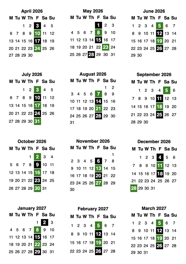 A twelve-month calendar arranged into three columns, four rows. Certain days are highlighted in green/black corresponding to bin collections.