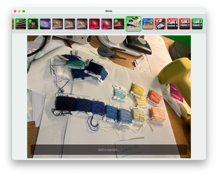 Photo reviewing app. There's a horizontal row of thumbnails across the top of the window, then a focused photo filling most of the window. At the bottom of the photo is a black overlay 'Add a caption…'