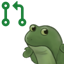 A green cartoon frog shrugging next to a pull request icon