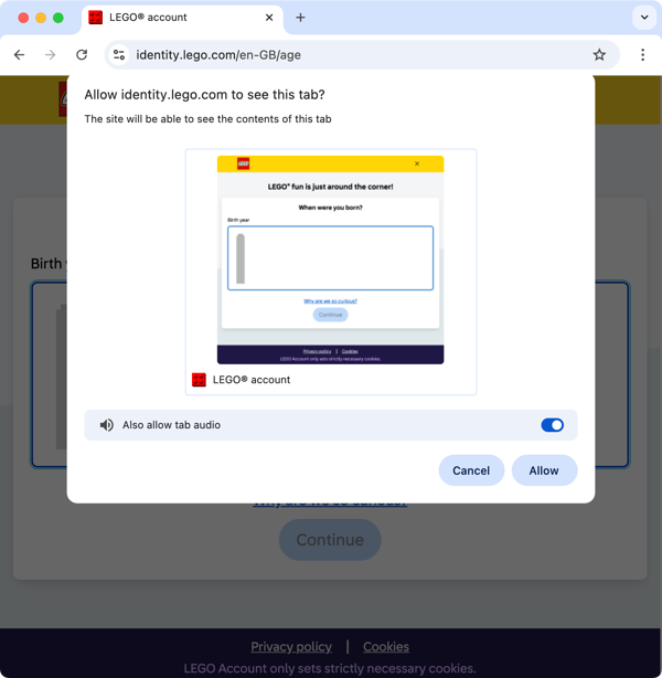 Permissions dialog in Chrome titled 'Allow identity.lego.com to see this tab?' Below the title is a preview of the tab and a toggle to allow tab audio.