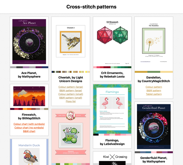 A collection of cross-stitch patterns shown as a grid of cards. Each card has a thumbnail showing a picture of what the pattern looks like, then below it is the title and a list of links. There's also a stripe of colours below the thumbnail, showing the colours used in the pattern.