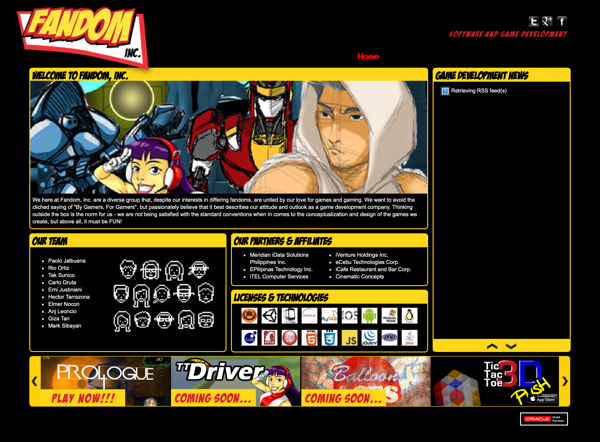 A web page with a black background, and several areas of content with bright yellow borders. There's a hero image that says ‘welcome’, a list of the team and affiliates, a grid of technology logos, and a carousel of games that Fandom, Inc made.