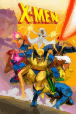 A blurred poster for ‘X-Men’. It’s a bright and colourful image with lots of superheroes, not enough detail to discern any of them clearly. The title ‘X-Men’ is clearly visible in bold colours at the top of the poster.