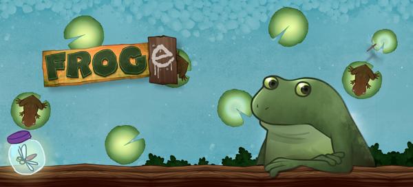 A game background with the frog in the foreground, some lilypads and the title ‘Froge’ in the background.