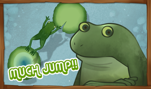 A frog jumping between two lilypads and saying ‘Much jump!!’