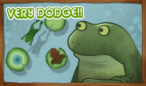 A frog jumping past a brown frog and saying ‘Very dodge!!’