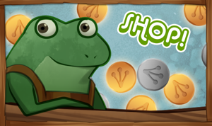 A frog in a shopkeeper outfit with coins saying ‘Shop!’