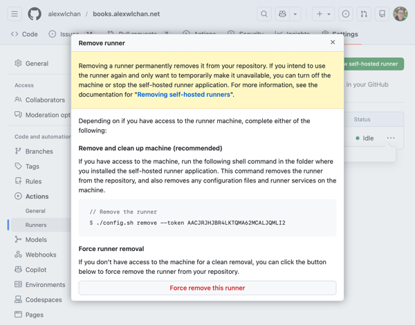 A 'Remove runner' modal in the GitHub Actions settings. There's a command to remove the runner by running a 'config.sh' script on the runner.