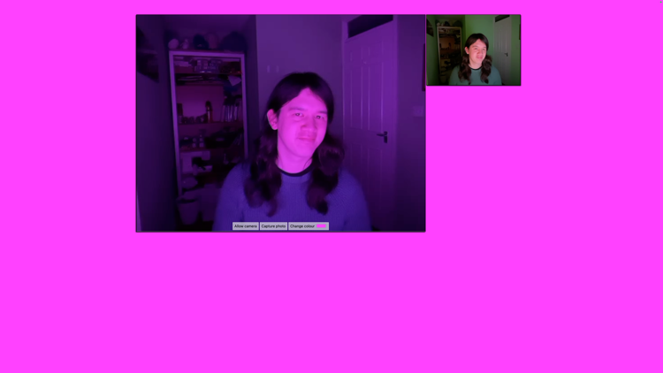 Screenshot of a web page which is mostly hot pink, with two small inline pictures of me in my office. One picture is very pink (the current view) and the other is less pink (a photo taken a few seconds prior). Below the current view are three buttons to allow camera permissions, take a picture, and change the colour.