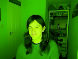 A photo of me in a green room. The background is more visible, a shade of clover green, while my face looks positively radioactive.