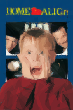 A blurred poster for ‘Home Align’. A small child holds their hands up to their face, while two criminals look through a window behind them. The title of the movie is just about readable at the top of the poster.