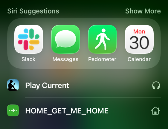 Siri Suggestions, which show four apps along the top, a Kindle action to 'Play current', and a Citymapper action to 'HOME_GET_ME_HOME'.