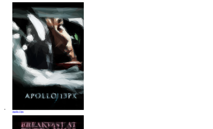 A web page which is mostly dominated by a poster for ‘Apollo 13px’, with a bullet point vaguely visible on the left. The title of the movie is visible in small blue, underlined text below the image. The spacing looks weird.