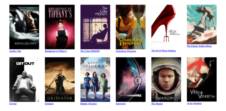 A grid of movie posters on a white background, two rows of six posters. Below each poster is a blue link with the title of the movie. Every poster is the same width, but some are different heights.