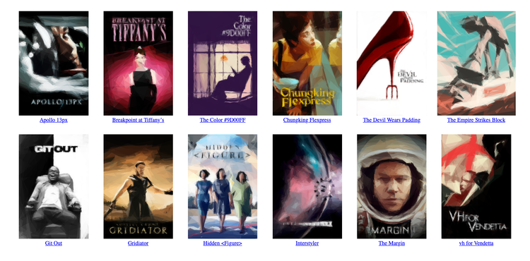 A grid of movie posters on a white background, but now each poster is the same height and the text under each poster is centre-aligned.