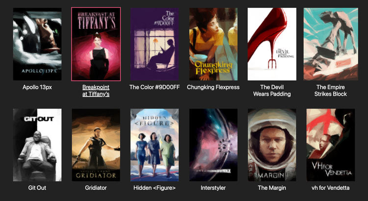 A grid of movie posters on a dark grey background, and one of the posters has a pink outline and the title is underlined.