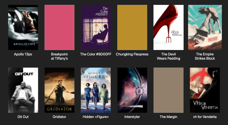 A grid of movie posters on a dark grey background, where three of the posters are solid colour rectangles where the images haven’t yet loaded.