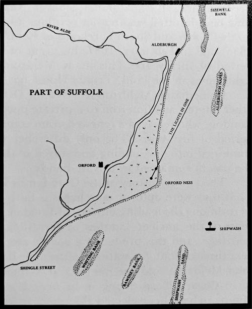 Black-and-white map of Orford Ness, showing how the river bends backward.