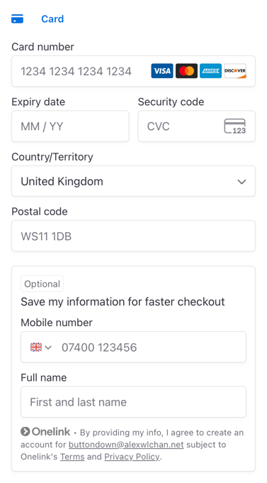 A credit card details form. There’s a field for card number (with placeholder 1234 1234 1234 1234), postal code (WS11 1DB) and mobile number (07400 123456).