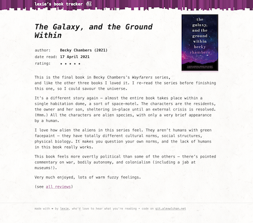 A web page with a purple header, a purple-ish book cover in the top-right, and text on the page titled 'The Galaxy, and the Ground Within'.