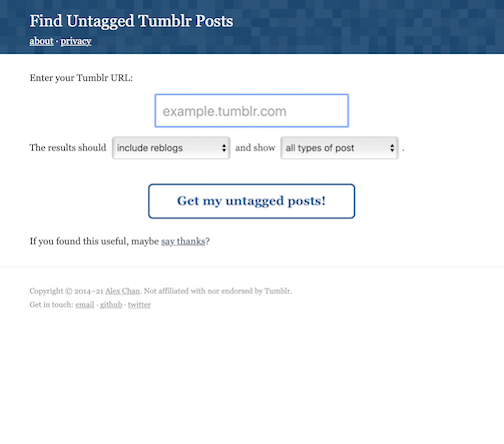 A web page with a blue header titled 'Find Untagged Tumblr Posts', a large text box for somebody to put in a URL, and a large blue button labelled 'Get my untagged posts!'.