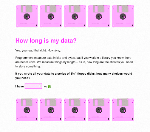 A white page with two rows of pink floppy disks and a title 'How long is my data?'