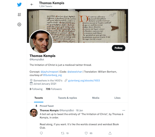 The Twitter page for KempisBot, with a header image showing an old manuscript with handwritten pages and the profile image an illustration of Thomas Kempis.