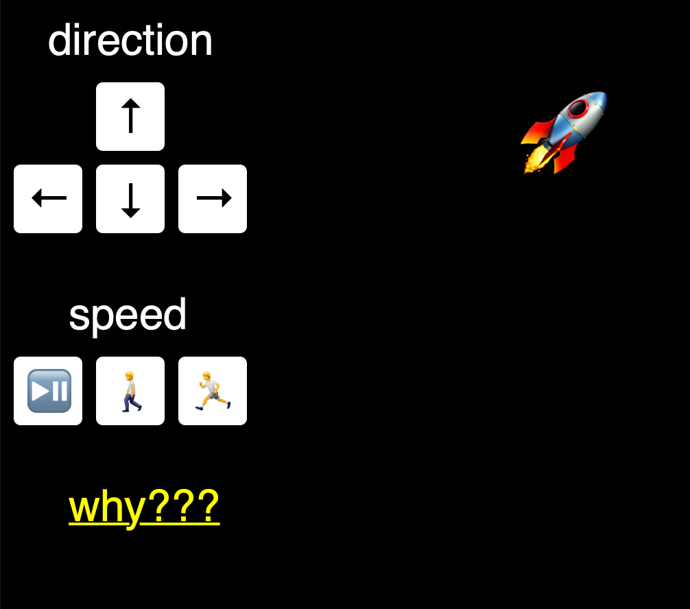 A black background with simple buttons for up/down/left/right direction controls, and some play/pause/faster/slower speed controls. There's also an emoji rocket moving around on the black background.