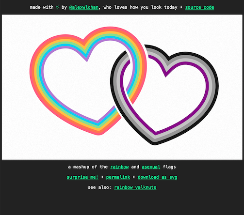 A grey web page with white and green text, with a large illustration of two interlocking hearts in rainbow and purple/black/grey/white colours. These are the colours of the rainbow pride flag and the asexual pride flag.