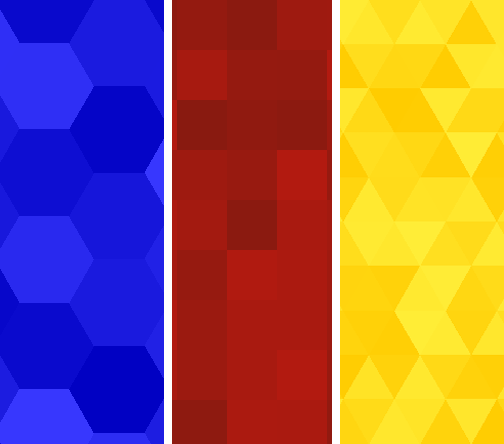 Three wallpapers. From left-to-right: blue hexagons, red squares, yellow triangles. Each wallpaper has tiling shapes in slightly different shades of the main colour.