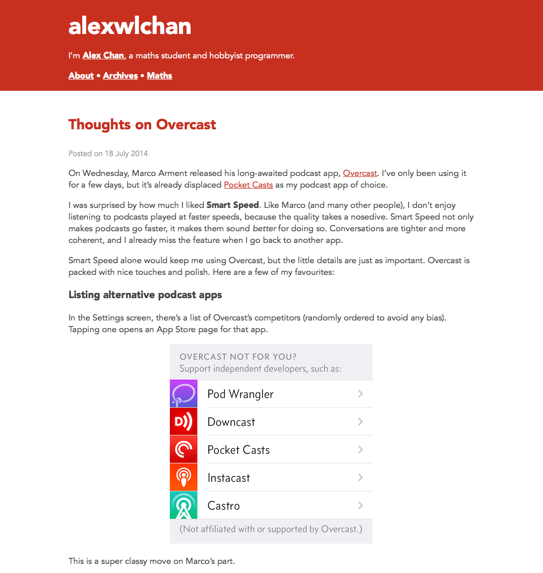 A tall reddish-orange strip with the name “alexwlchan” and a bio line, with an article below it.