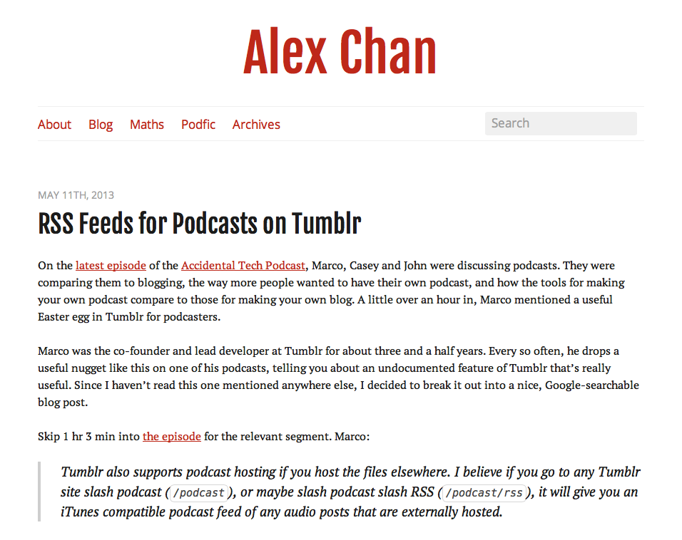 The name “Alex Chan” in big red letters at the top, then an article below it.
