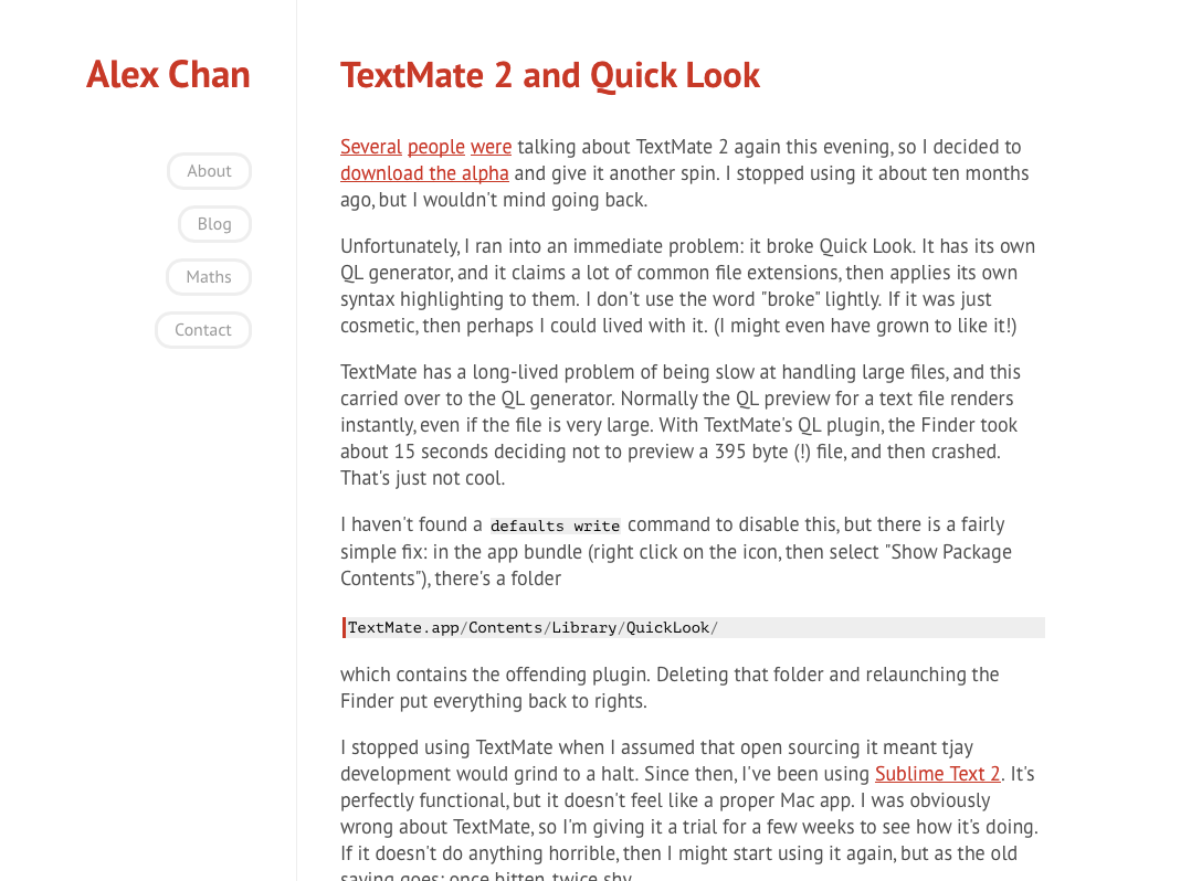 A white background site with a sidebar on the left and an article in the main area.