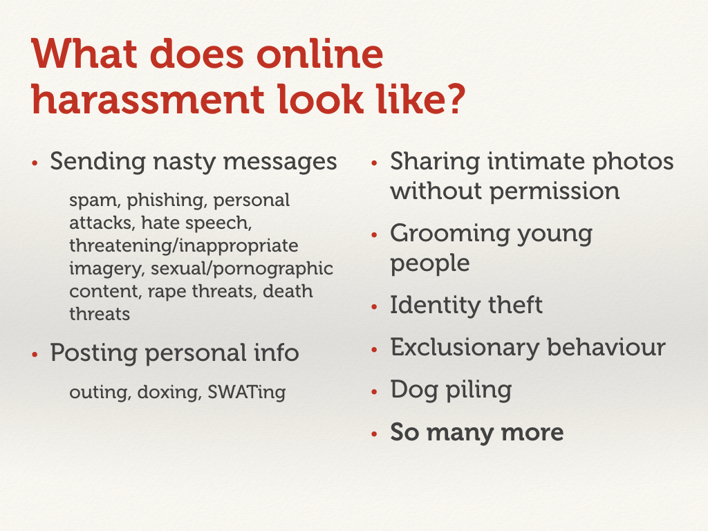 A slide listing the various forms of online harassment.