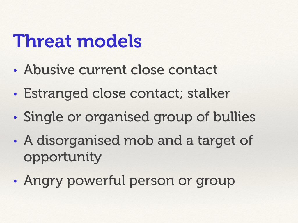 Slide with a bulleted list: “threat models”.