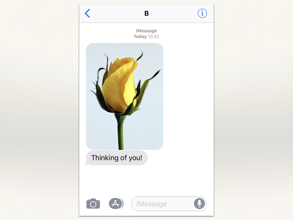 A screenshot of a messaging app with a picture of a yellow flower and a message “Thinking of you!”.