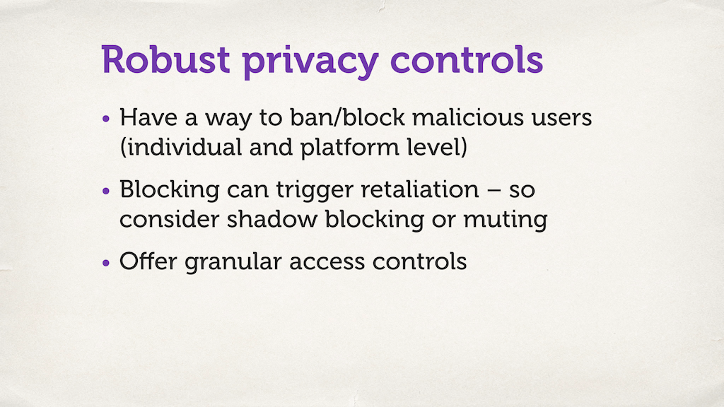 A slide with a bulleted list. “Robust privacy controls”.
