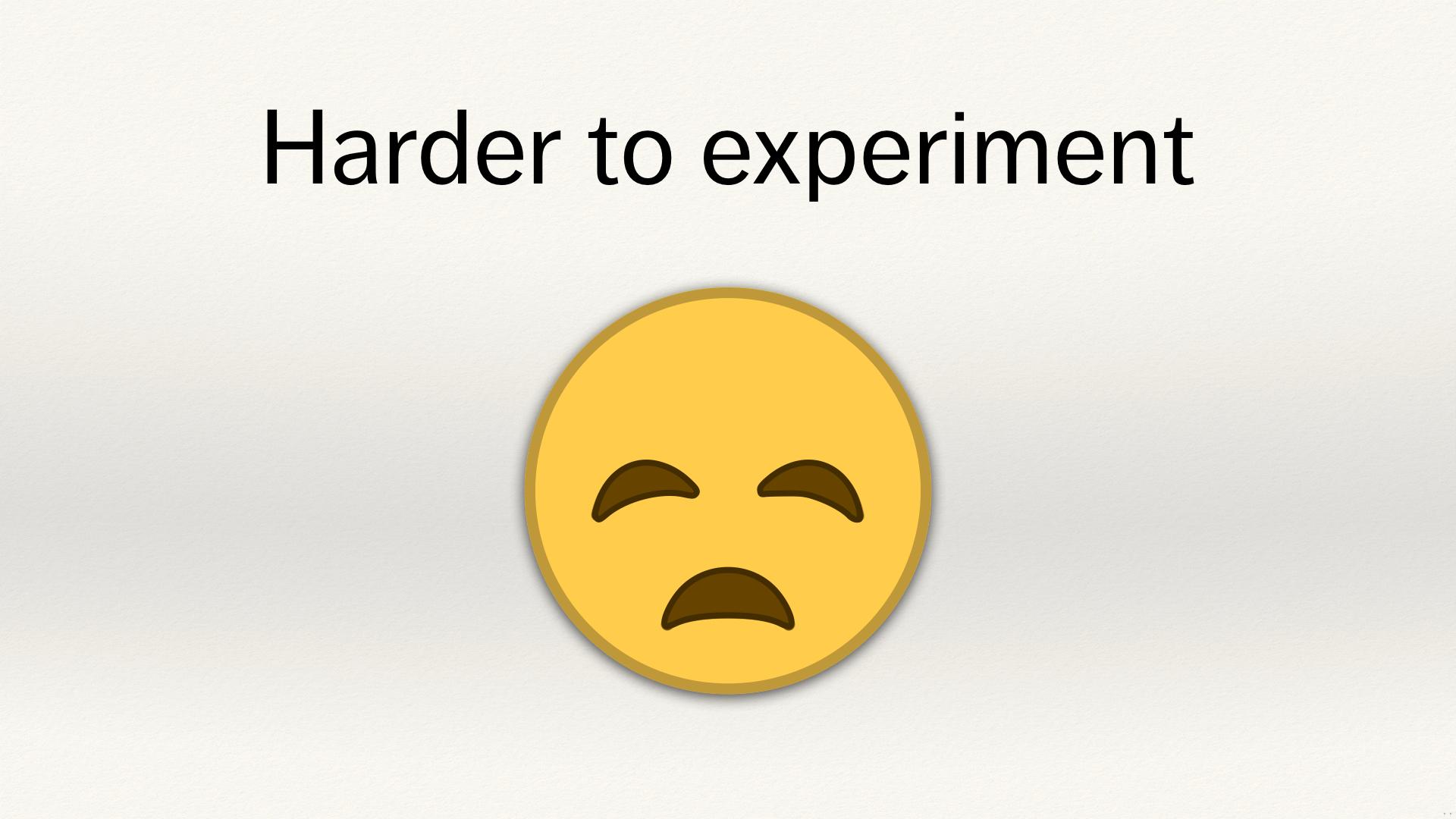 A sad yellow emoji face, below the text “Harder to experiment”.