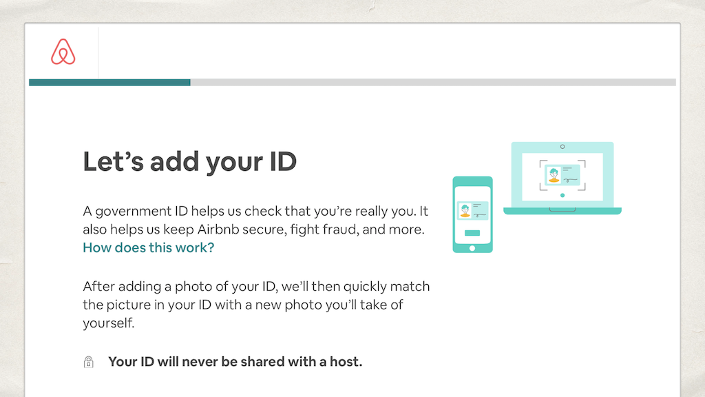 A screenshot from an Airbnb setup. “Let’s add your ID.”