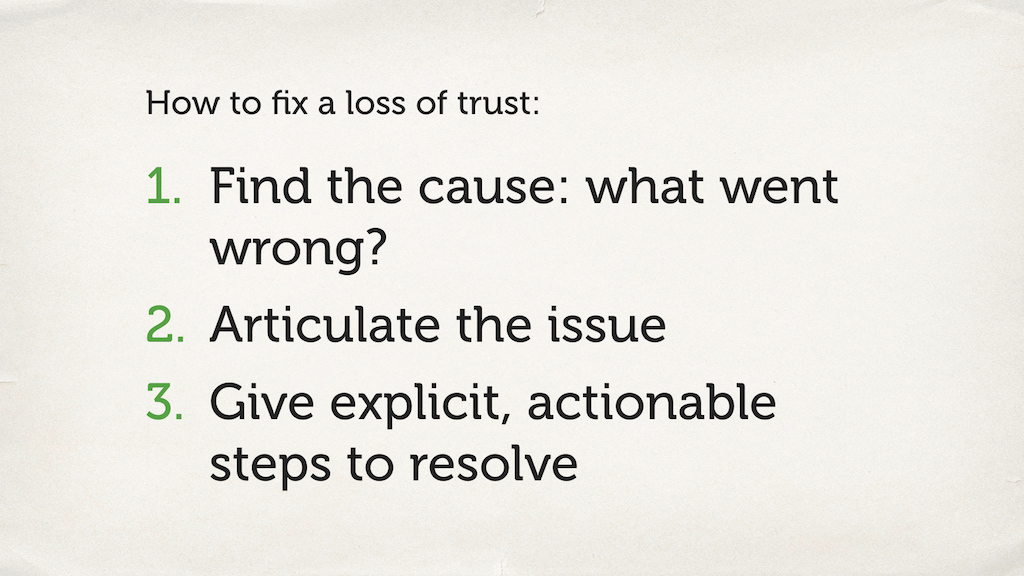 Text slide with a numbered list: “How to fix a loss of trust”.